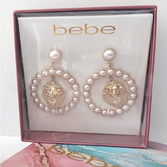 Bebe Pearl Embellished Gold Lion’s Head Pierced Earrings - Picture 2 of 3